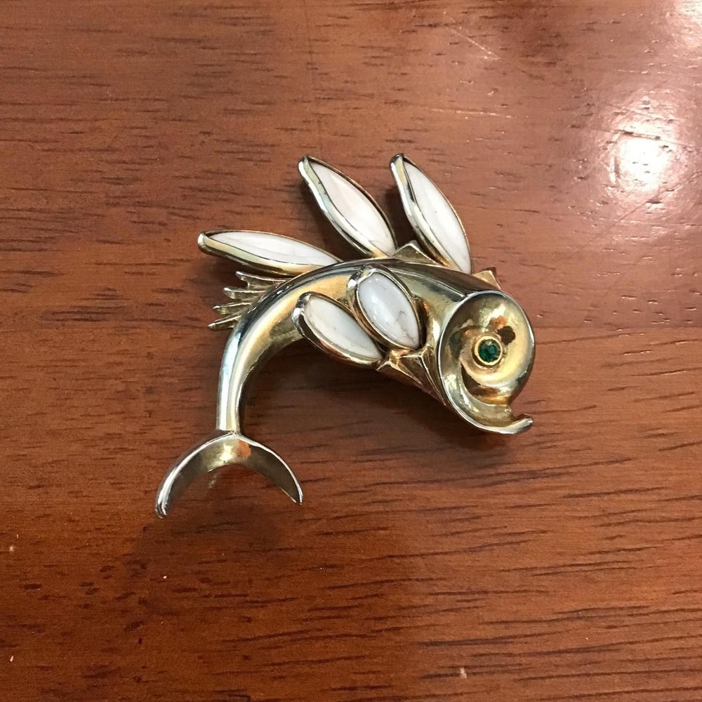 Trifari Alfred Philippe Fish Brooch Poured Glass Petalette 1950s Book Piece Rare